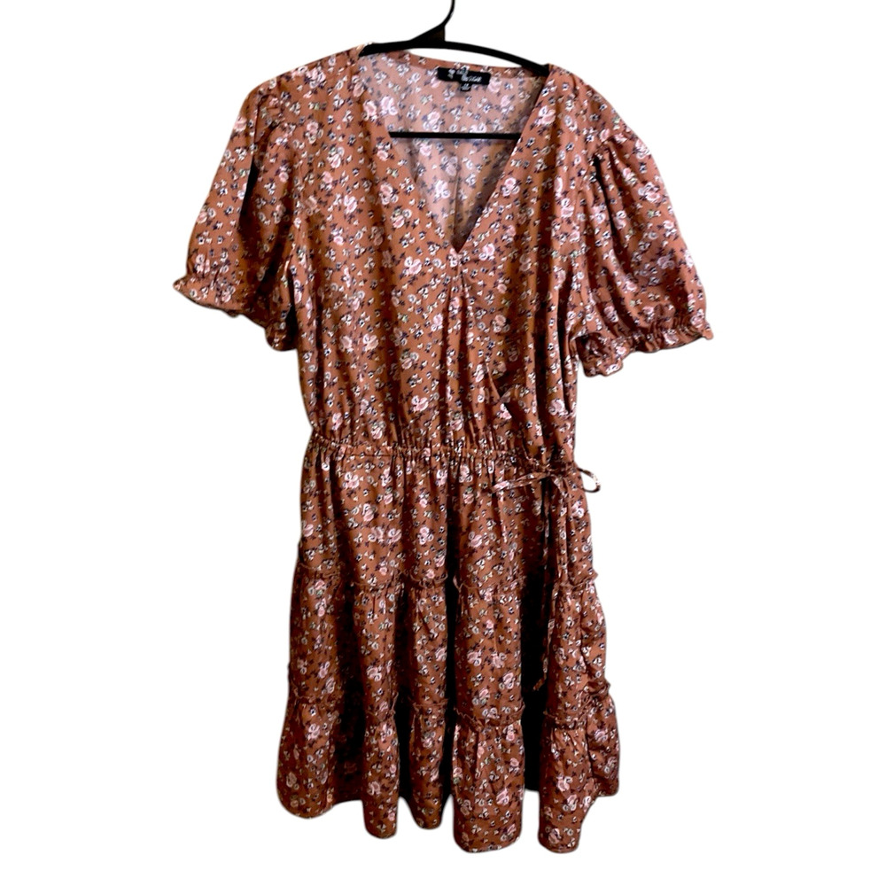 Boho Floral Midi Dress 1X‎ Brown Blush Pink Cottagecore Puff Sleeve Tie Waist
